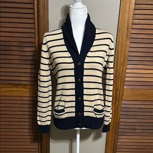 Tommy Hilfiger Tan and Blue Striped Cardigan Sweater